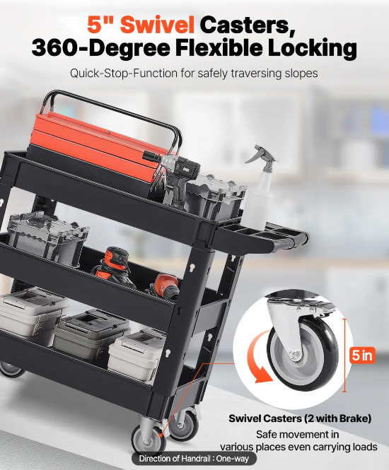 heavy duty rolling work cart used on shop floors for organizing tools and materials