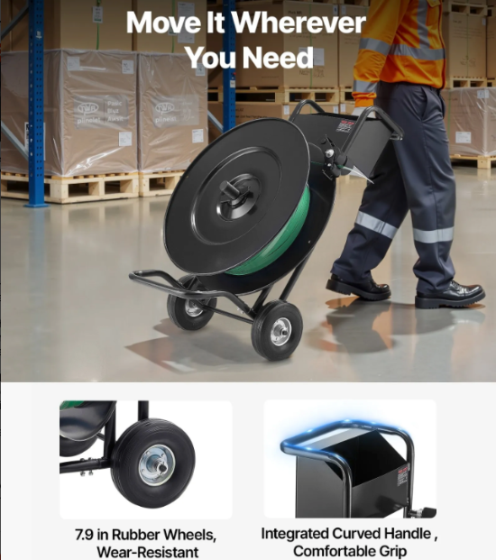 Packaging cart with strapping roll designed for warehouse and shipping operations