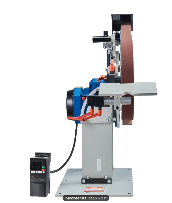 Belt sander machine with sanding belt and control panel on a white background