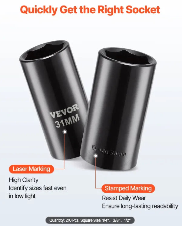 Labeled socket set arranged in case for quick identification and efficient workflow in workshop environment.