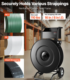 Heavy-duty cart carrying PET strapping roll for pallet securing and shipment preparation