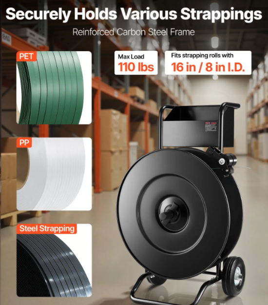 Heavy-duty cart carrying PET strapping roll for pallet securing and shipment preparation