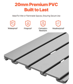 Industrial PVC slat wall panel with organized hand tools, safety equipment, and storage accessories in a workshop environment.