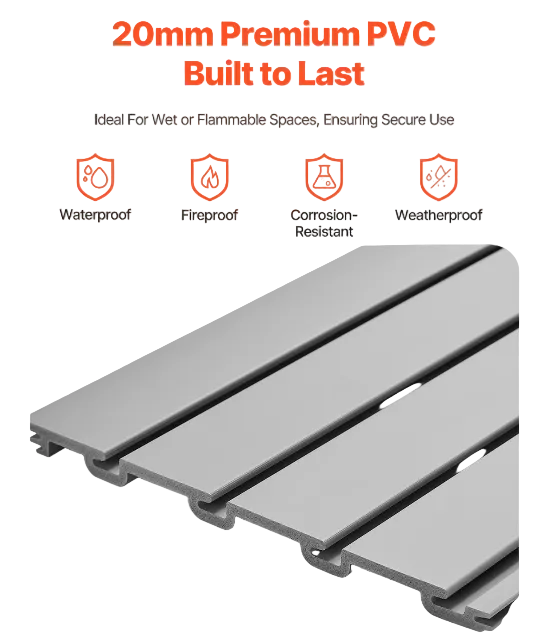 Industrial PVC slat wall panel with organized hand tools, safety equipment, and storage accessories in a workshop environment.