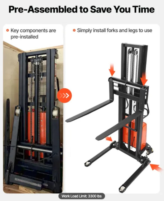 Electric pallet forklift reach shipping package pallet stacker with pre-assembled components and instructions on how to use it.