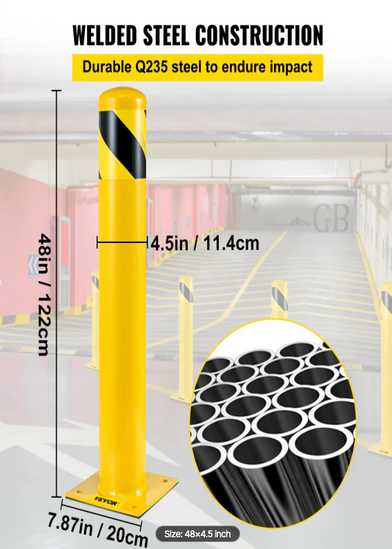 Commercial safety bollard used to control vehicle traffic and protect pedestrian walkways in a parking area.
