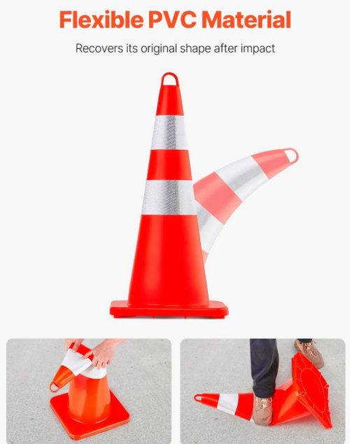 High visibility traffic cones directing vehicles through a commercial parking lot.