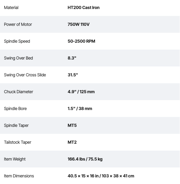 Technical specifications of a machine tool measurements.