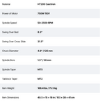 Technical specifications of a machine tool measurements.