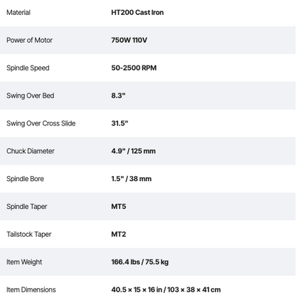 Technical specifications of a machine tool measurements.