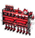 Heavy-duty power tool organizer wall mount storing cordless drills, batteries, and chargers in a clean garage workshop