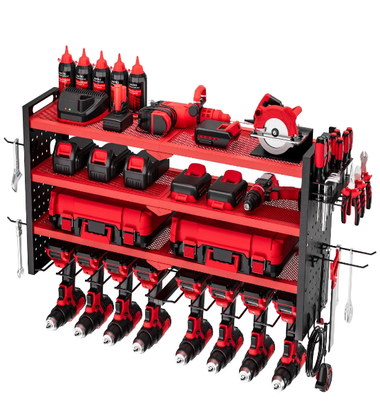 Heavy-duty power tool organizer wall mount storing cordless drills, batteries, and chargers in a clean garage workshop