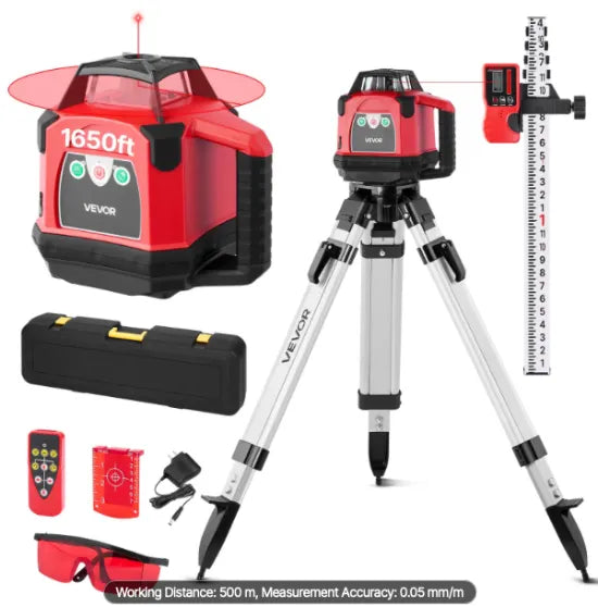 Professional rotary laser level kit establishing accurate construction layout and elevation control on a commercial jobsite.