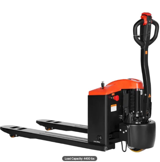 Industrial electric pallet jack improving warehouse efficiency through faster pallet transportation and load handling.