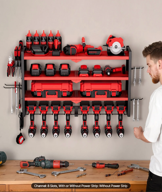 Organized workshop featuring a power tool storage rack designed to maximize workspace efficiency