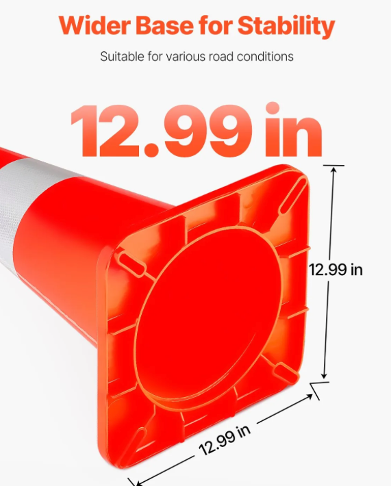 28-inch orange traffic cones with reflective collars visible in low-light conditions.
