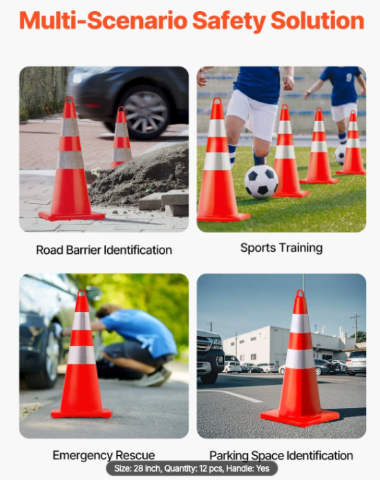 Traffic safety cones creating a temporary road work traffic pattern.
