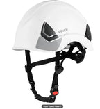 Worker wearing a safety hard hat with 6-point ratchet suspension on a construction project.