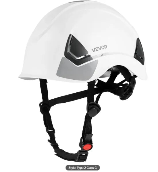 Worker wearing a safety hard hat with 6-point ratchet suspension on a construction project.