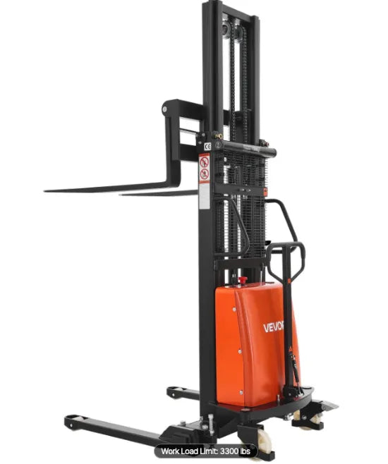 Semi-electric pallet stacker lifting a loaded pallet onto high warehouse racking to maximize storage capacity and improve inventory organization.