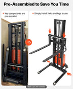 Semi-electric pallet stacker organizing palletized inventory on elevated storage racks to support warehouse growth and space optimization.