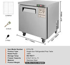 Single-door refrigerated prep table with dimensions, features, and specifications on a white background.