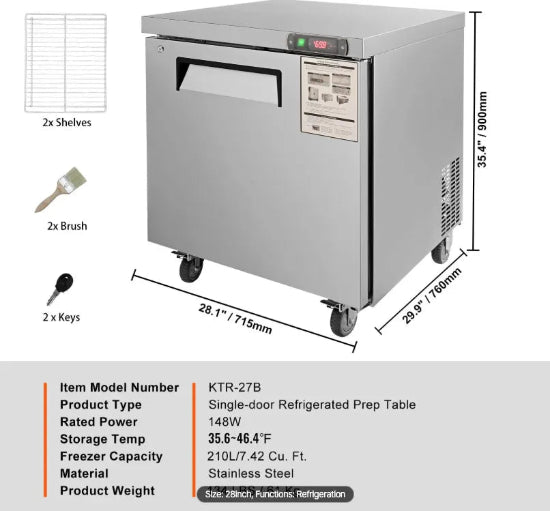Single-door refrigerated prep table with dimensions, features, and specifications on a white background.