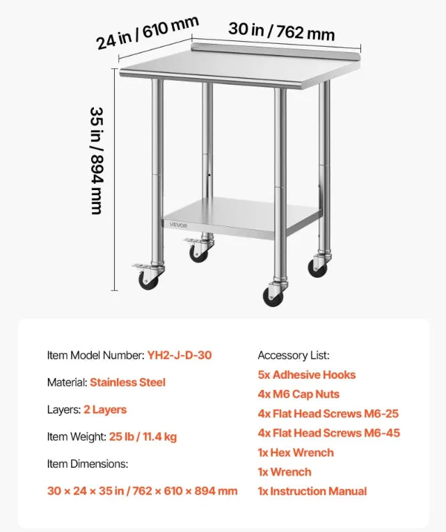 Stainless steel work table with dimensions.