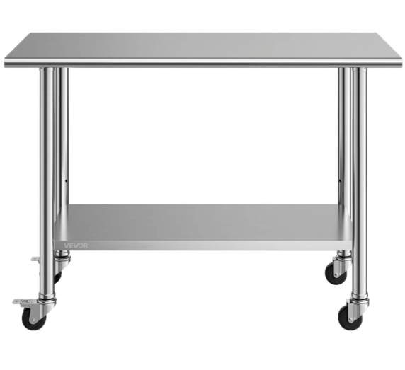 Commercial stainless steel work table for industrial production facility