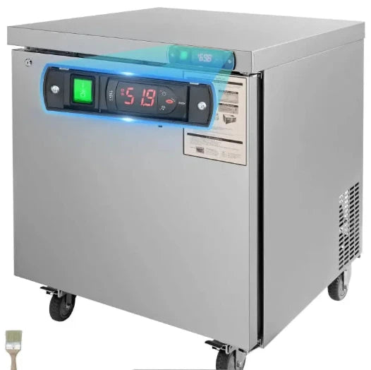 Stainless steel undercounter refrigerator with digital display on a white background