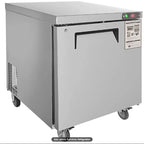 Stainless steel undercounter refrigerator on a white background