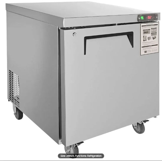 Stainless steel undercounter refrigerator on a white background