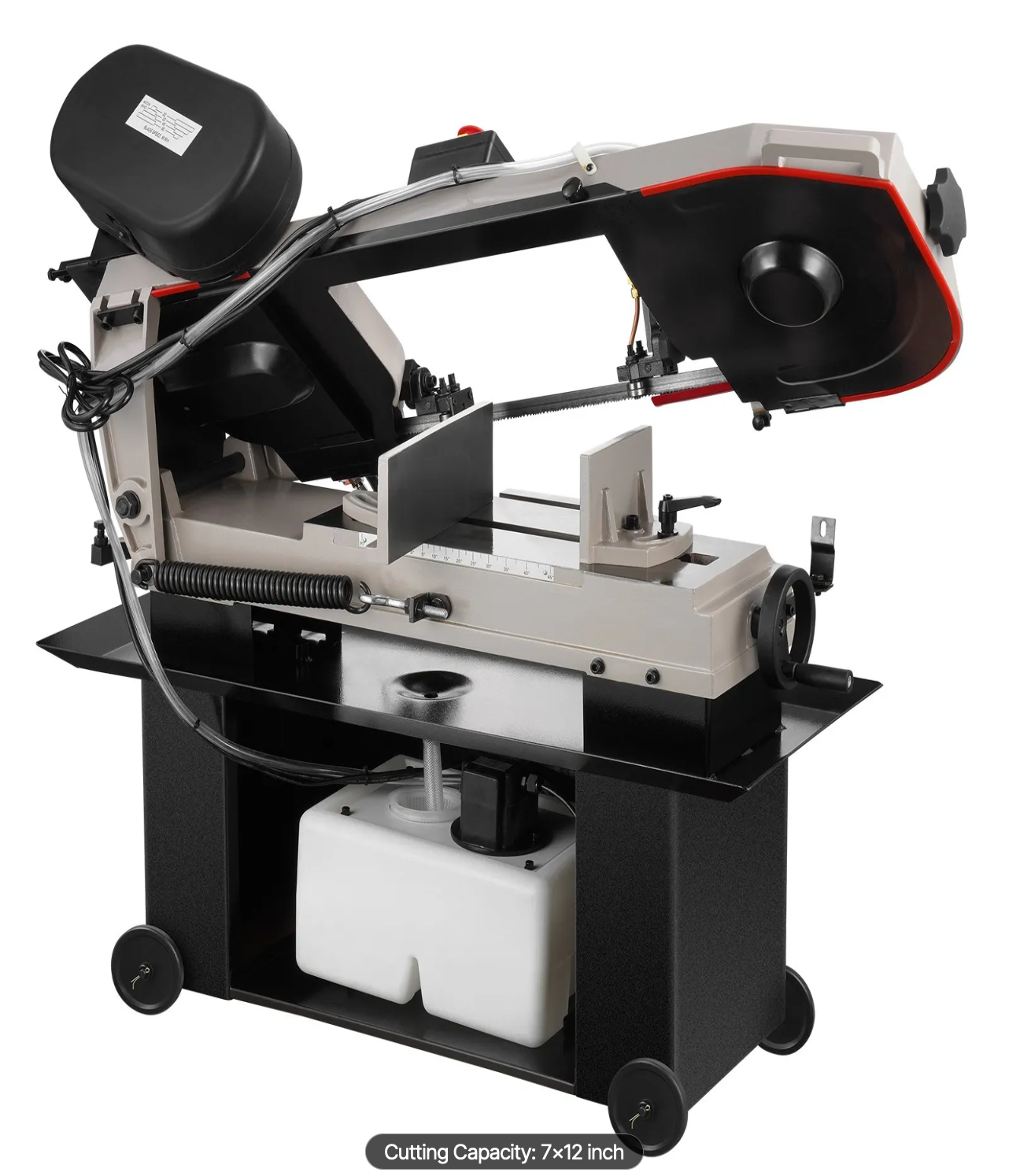 horizontal band saw cutting steel tubing with controlled feed system for accurate fabrication cuts