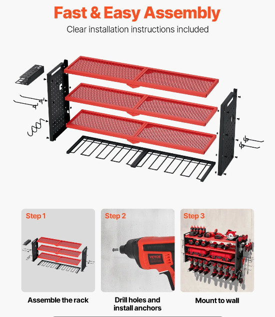 Multi-level power tool organizer shelf helping keep garage and workshop tools neatly arranged