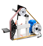 Variable speed belt sander removing welds from steel fabrication components