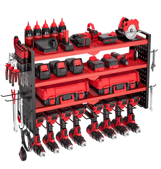 Cordless drill holder mounted on workshop wall keeping tools accessible and organized