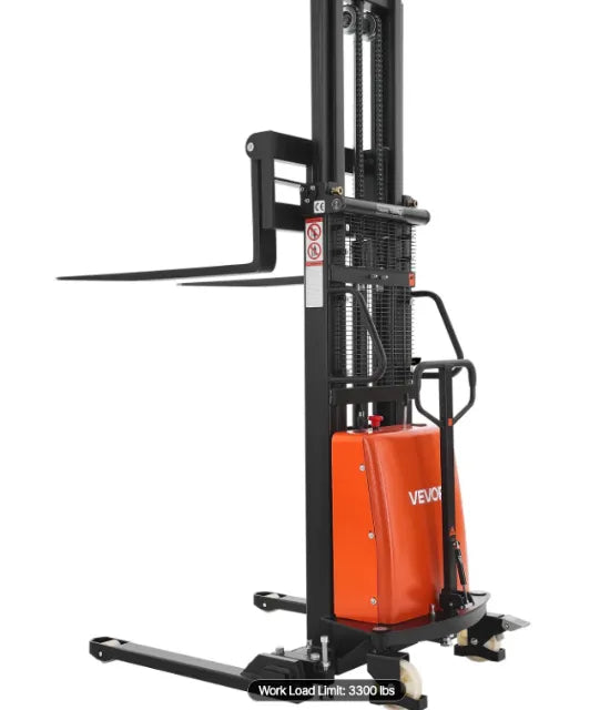 Semi-electric pallet stacker helping operators organize inventory efficiently in a commercial warehouse environment.