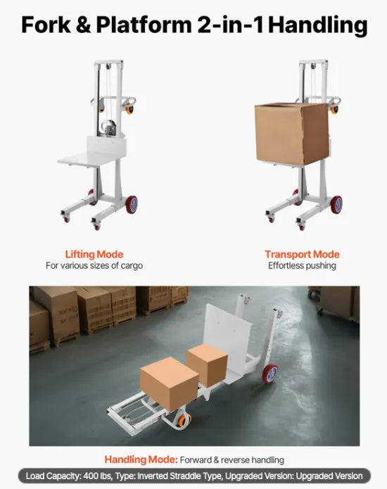 Hand truck stacker lifting boxed inventory for warehouse storage and organization.