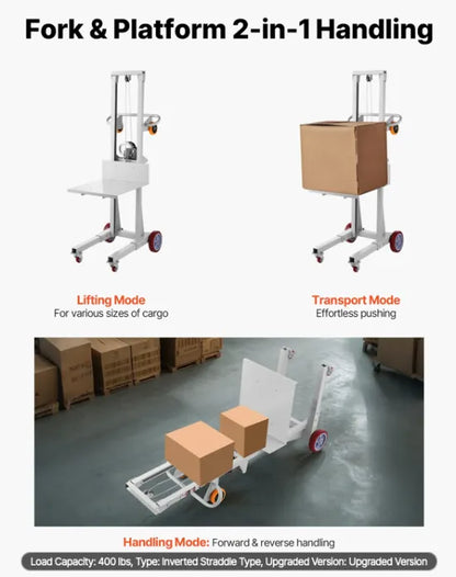 Hand truck stacker lifting boxed inventory for warehouse storage and organization.