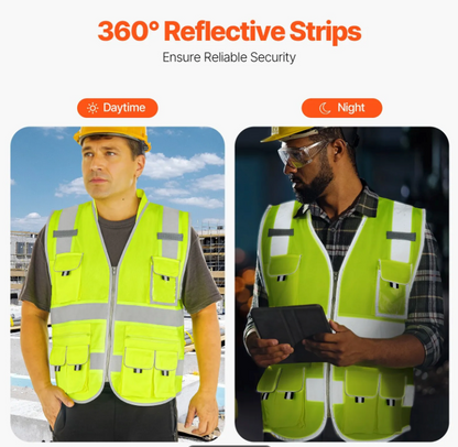 Warehouse employees wearing reflective safety vests while working around forklifts and inventory.