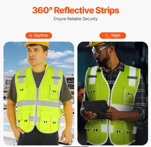 Warehouse employees wearing reflective safety vests while working around forklifts and inventory.
