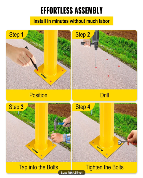 Multiple industrial safety bollards guiding warehouse traffic flow while protecting inventory and pedestrian zones.