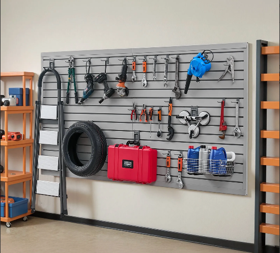 Heavy-duty PVC slat wall paneling used for warehouse storage and organization of tools, supplies, and equipment.