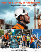 Warehouse employee using a protective hard hat while working around inventory and forklifts.