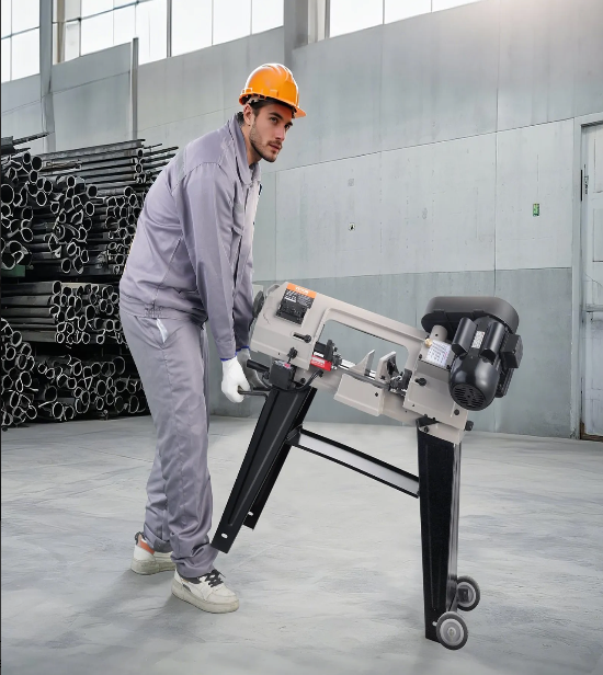 horizontal vertical band saw cutting hardwood material for woodworking and fabrication projects