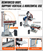 Mechanical device with adjustable features for vertical and horizontal use, featuring text on reinforced body and different angle needs.
