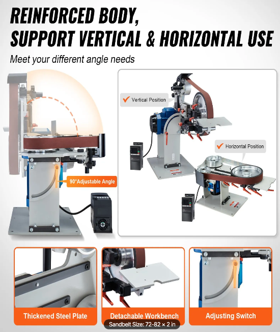 Mechanical device with adjustable features for vertical and horizontal use, featuring text on reinforced body and different angle needs.