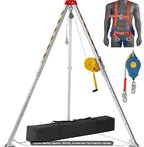 Construction worker using full body safety harness while working at height on scaffolding.
