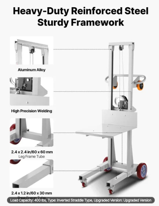Worker using winch stacker to position heavy equipment parts in workshop setting.